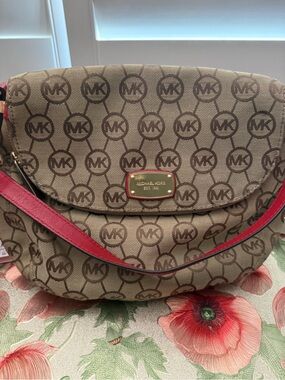 Michael Kors Brown Logo Shoulder Bag with Red Trim